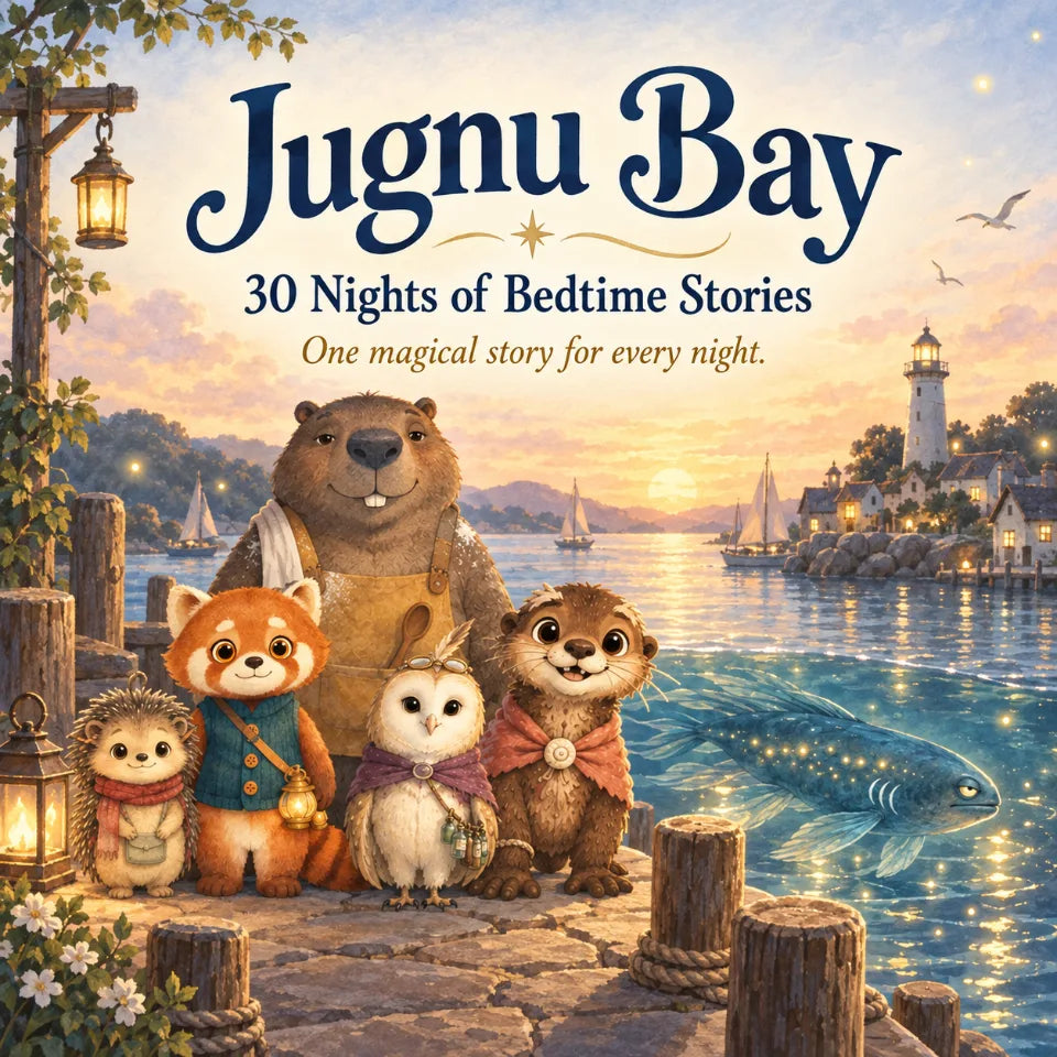 Jugnu Bay — the harbour at sunset with Nima, Wick, Ollo, Pella and Juno