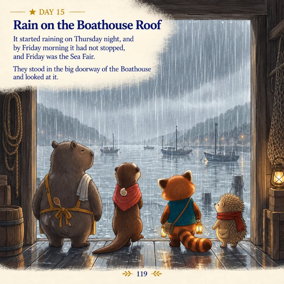 Four friends watching the rain from the boathouse doorway