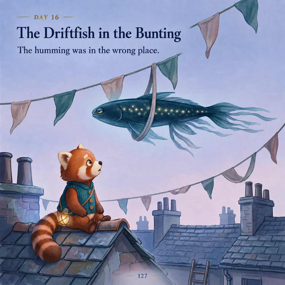 Nima on the rooftops watching a driftfish drift past the bunting